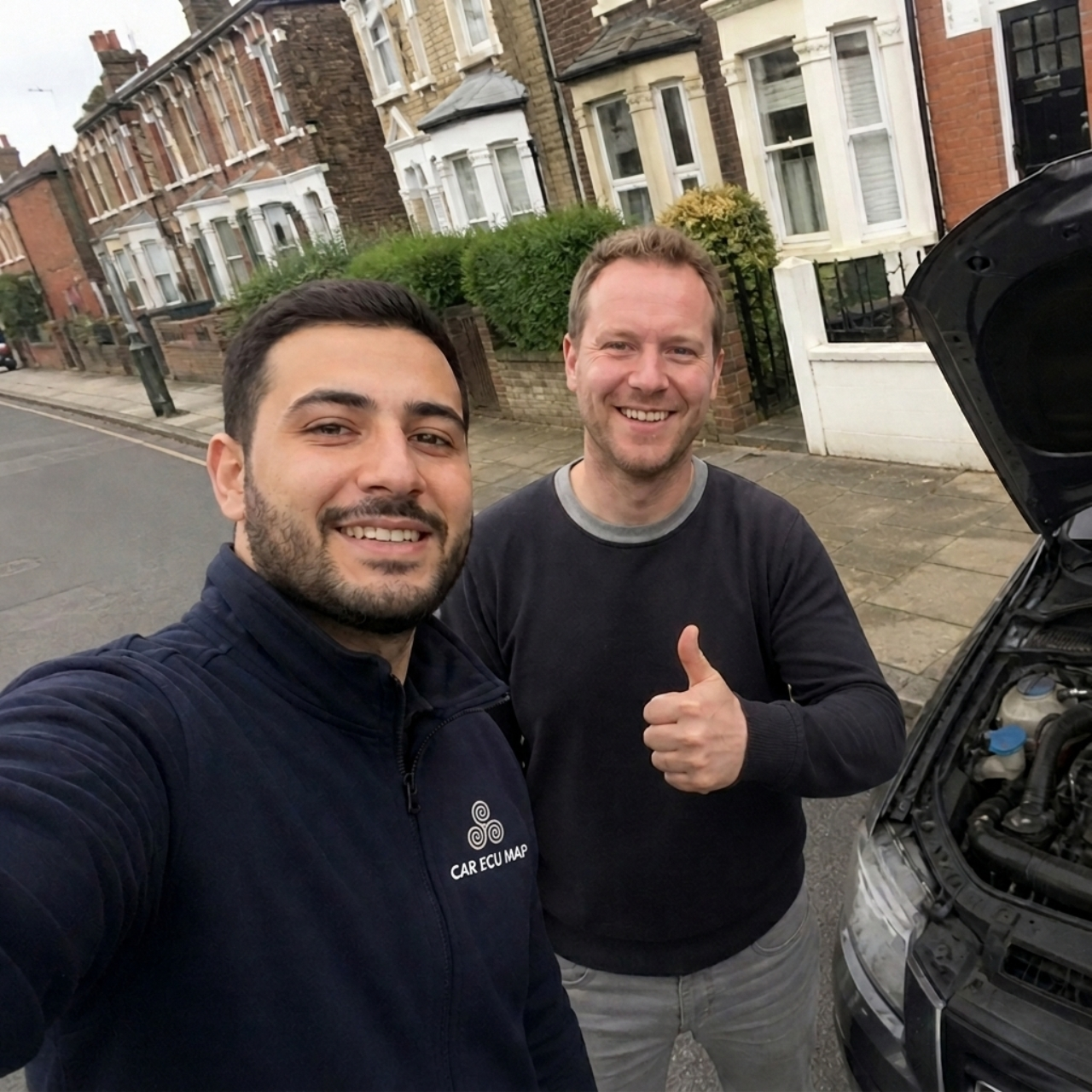 Car ECU Map Doctor technician with happy customer after mobile ECU remapping service in Kent