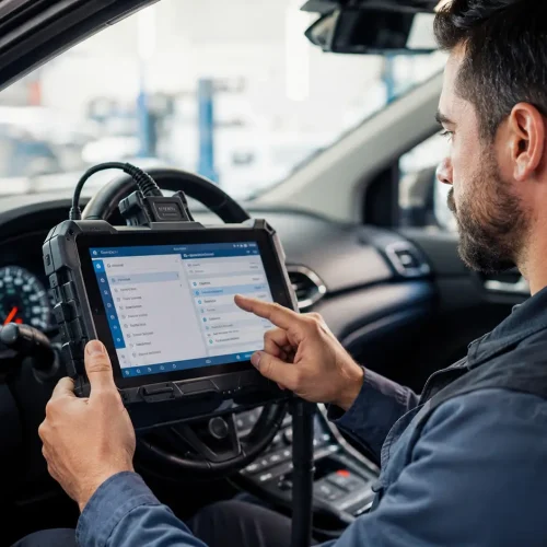 Mobile Vehicle Diagnostics — CarEcuMapDoctor Kent A mobile diagnostic technician using dealer-level OBD diagnostic tablet inside a vehicle in Kent