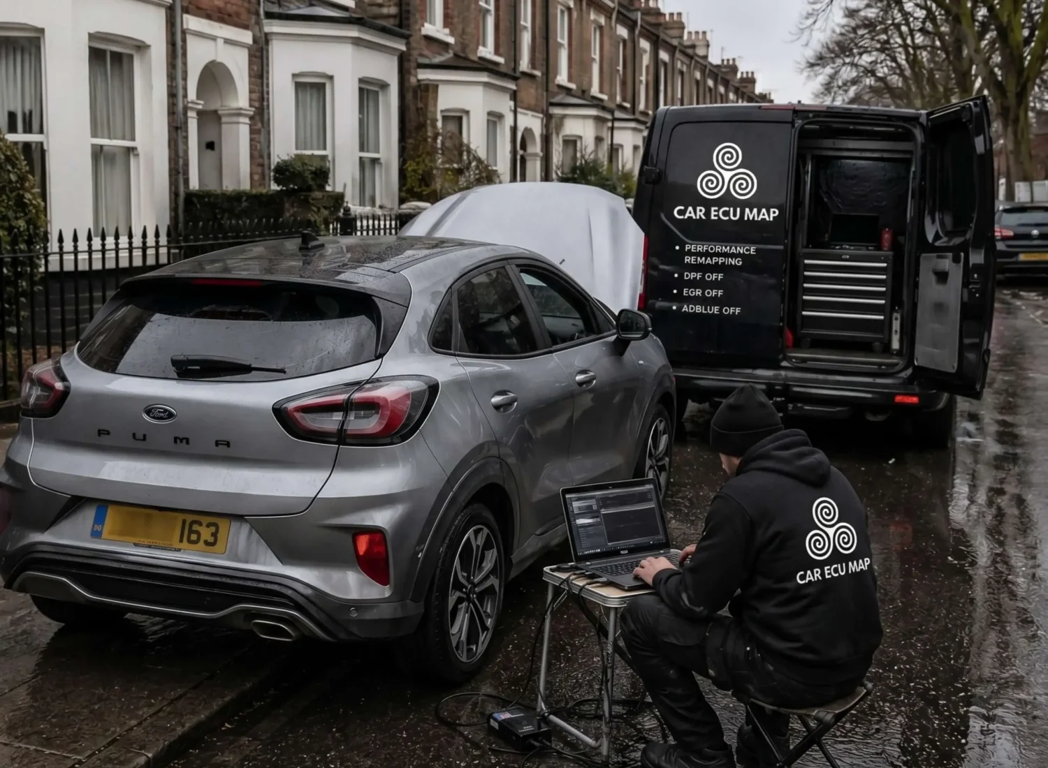 Car ECU Map mobile ECU remapping specialist working on a Ford Puma in Kent